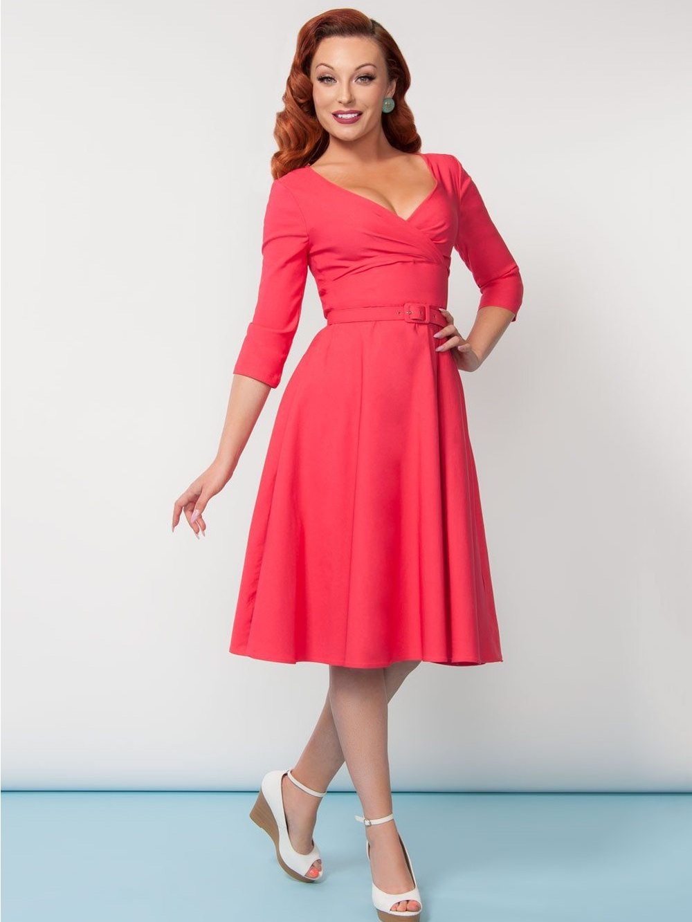 Pinup Couture PUG Coral Pink Erin dress with pockets and belt